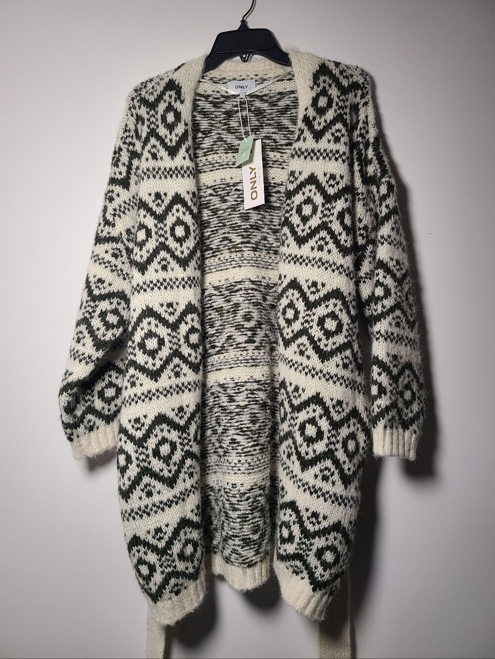 ONLY Cream & Dark Green Fair Isle Open-Front Cardigan Womens Size Small